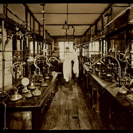 Image similar to and old victorian laboratory with lots of medical instruments, human heads in jars, one head is alive and looking at the camera