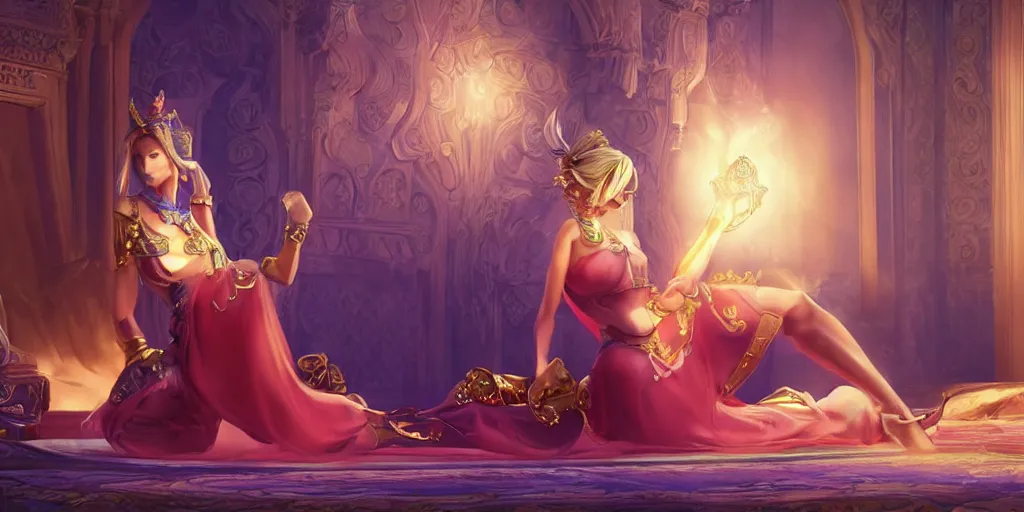 Image similar to beautiful genie girl, kneeling in the palace room, beautiful elegant body, accurate body proportions, accurate facial details, epic fantasy, mysterious ambient lighting, digital art, fantasy vibes, style of final fantasy and kingdom hearts