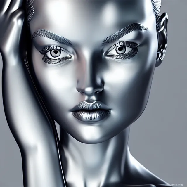 Image similar to chrome statue woman, highly detailed, 4 k, hdr, smooth, sharp focus, high resolution, award - winning photo, artgerm, photorealistic