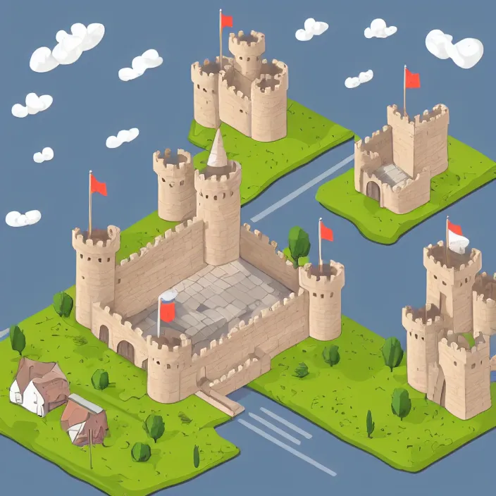 Prompt: isometric cartoon art of a small castle, white background