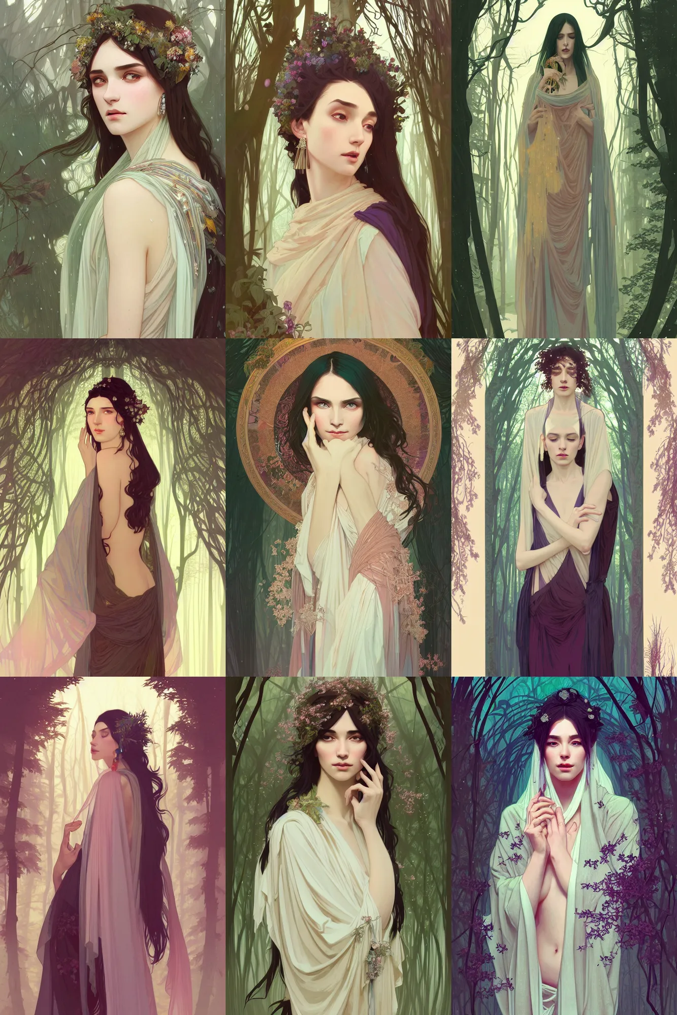 Prompt: portrait, male god, diaphanous robes, shawl, veil, androgyny, pale skin, long dark hair, beautiful, lush flora, vibrant winter forest background, elaborate crystal jewelry, earrings, artstation, ilya kuvshinov, alphonse mucha, conrad roset, rossdraws, greg rutkowski, illustration, realistic