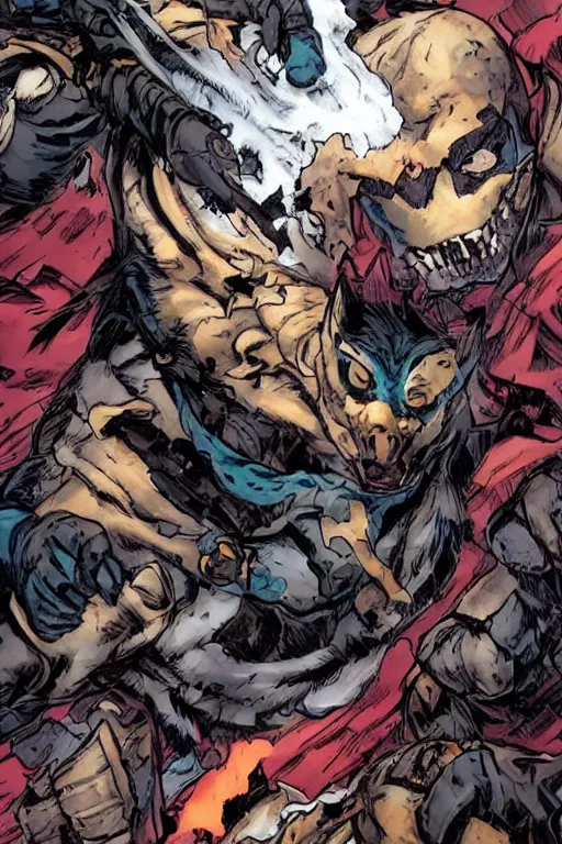 Image similar to A full body portrait of a new antihero character with a wolf mask art by Jason Chan, Joe Madureira and Marc Silvestri, 4k, ominous, mysterious