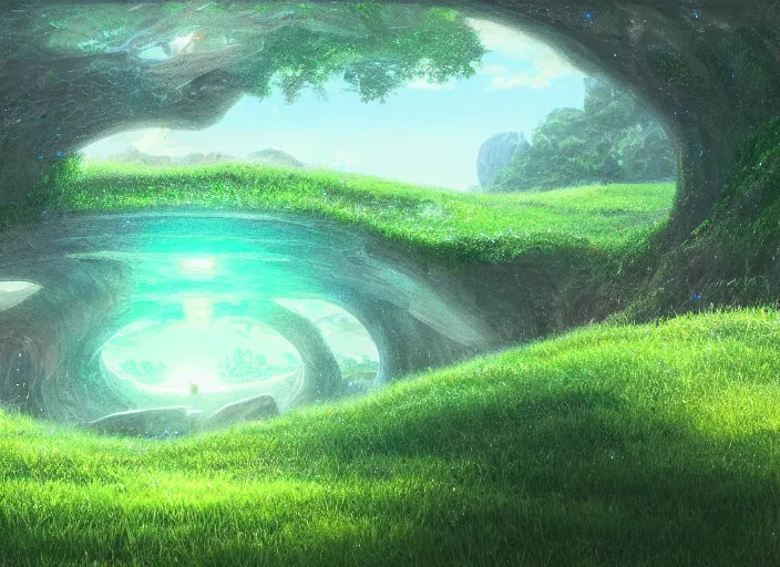 Prompt: close-up of a multi-dimensional portal leading to many worlds in a lush grassy plain, a fantasy digital painting by Makoto Shinkai, trending on Artstation, highly detailed