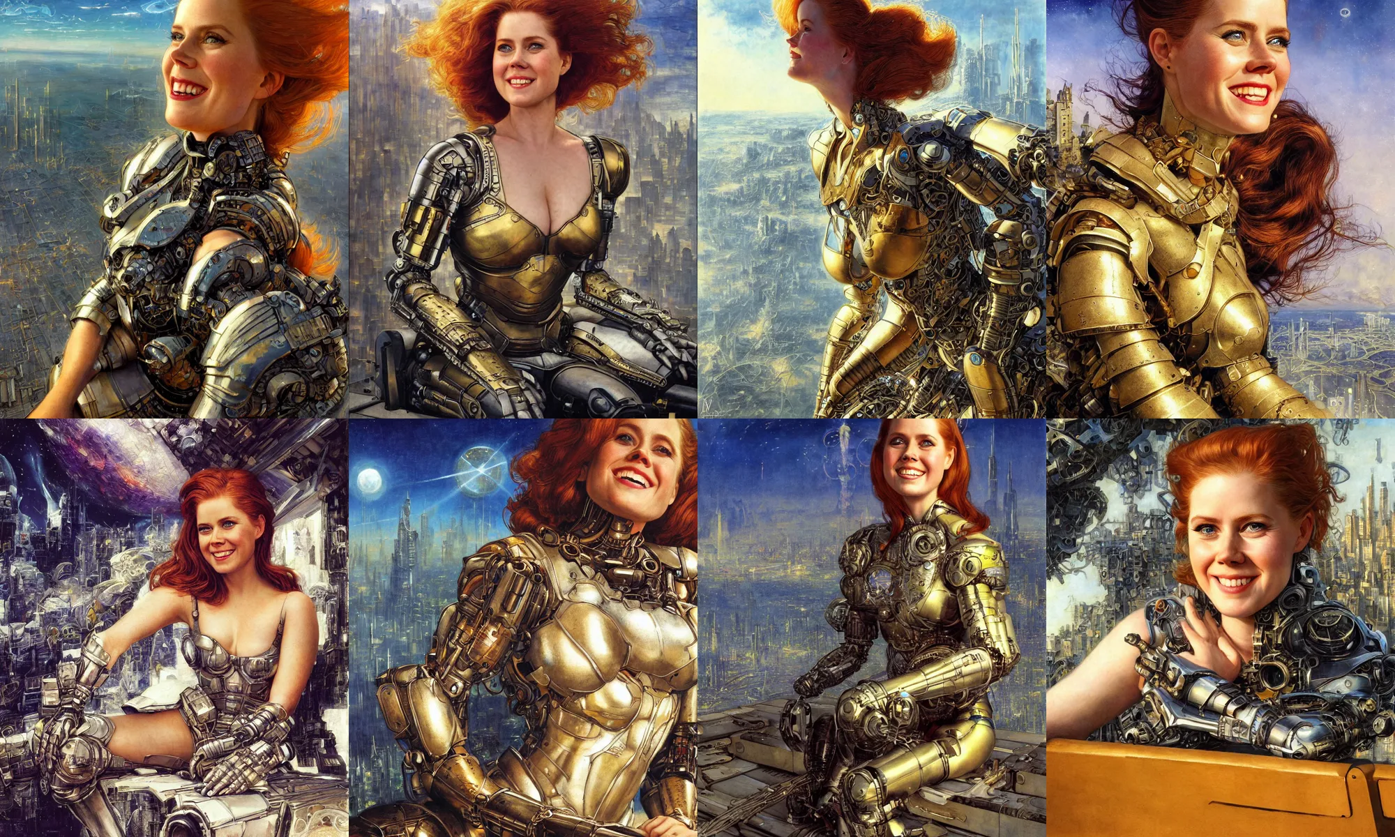 Image similar to close - up portrait of epic young amy adams smiling into camera, intricate cyborg armor, sitting on a bench, vista of futuristic city, windy, golden hour, wlop, by gerald brom, by mikhail vrubel, by peter elson, extreme detail, trending on artstation