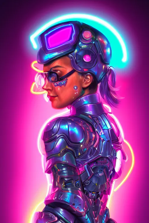 Image similar to portrait of a girl with a biomechanic armor and neon light by Lisa Frank, digital painting, highly detailed, trending on artstation