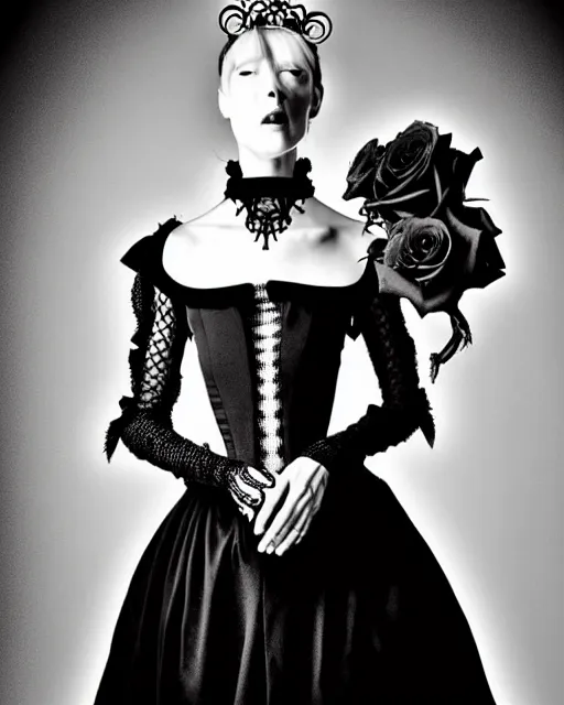 Prompt: dreamy surreal poetic black and white photo of a beautiful young silver bio-mechanical-female-vegetal-cyborg with a very long neck and a super big gothic lace collar and a very high big floral crown with many black dry roses by Vivienne Westwood:: smoke, high fashion, haute couture, rococo, avant-garde, silver filigree details, anatomical, facial muscles, cable wires, microchip, elegant, dreamy, hyper realistic, 150 mm lens, soft rim light, octane render, unreal engine, picture was taken in 1910 by Dora Maar, volumetric lighting, dramatic light,8k,