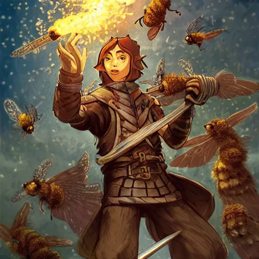 Prompt: wizard with a swarm of bees, dungeons and dragons, pathfinder, roleplaying game art, hunters gear, flaming sword, jeweled ornate leather armour, concept art, character design on white background, by studio ghibli, makoto shinkai, kim jung giu, poster art, game art