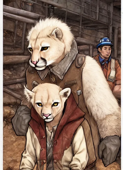 Prompt: fursona character portrait of a man with an albino mountain lion's head wearing miner's clothes at the mines. hidari, color page, tankoban, 4K, tone mapping, Akihiko Yoshida.