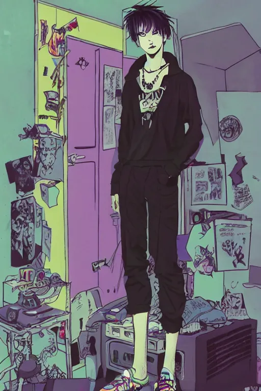 Image similar to a skinny goth guy standing in a cluttered 9 0 s bedroom, full body character concept art, vaporwave colors, hirohiko araki art, inio asano art,