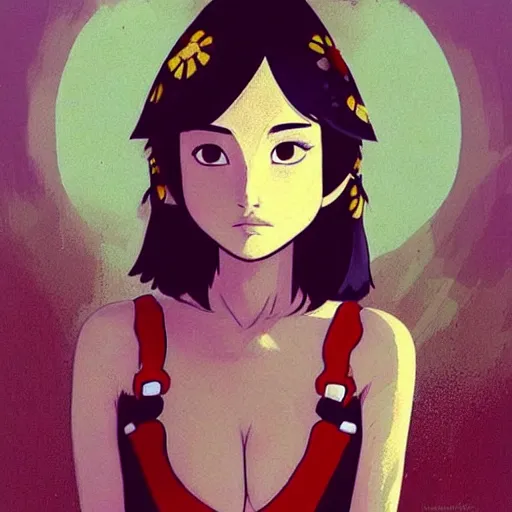 Image similar to a beautiful young japanese natalie portman alluring gravure model, stylized concept art, wearing elegant designer overalls, elegant overalls with mesoamerican patterns, mesoamerican native street fashion, princess mononoke, painted by jamie hewlett and ashley wood and mike mignola, aesthetic, gorgeous, stunning, alluring, attractive, artstation, pinterest, digital art