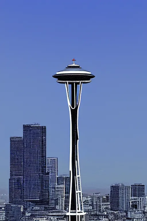 Image similar to space needle in photorealistic unreal render style, blue background