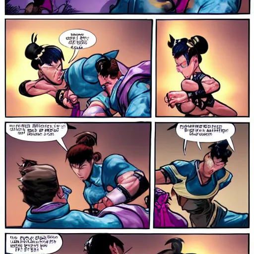 Prompt: chun li fighting hobbs in street fighter v by bill watterson