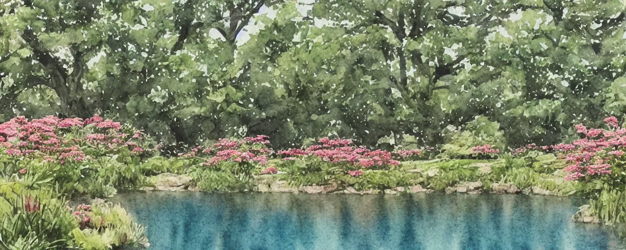 Image similar to isomeric view, delicate lake in a botanic garden, garden road, sparrows, temple in a botanical herbarium paper, watercolor colored painting, iridescent colors, 8 k, realistic shaded, fine details, artstation, italian style, colonnade, flowers, architecture, roma