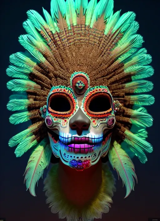 Prompt: 3 d mexican goddess profile portrait. beautiful intricate highly detailed day of the dead mask and feathers. low - key lighting, bioluminescent, plasma, lava, ice, water, wind, creature, tlahuelpuchi, artwork by tooth wu and wlop and beeple and greg rutkowski, 8 k trending on artstation,