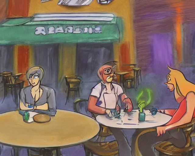 Prompt: a couple of people sitting at a table outside of a restaurant, concept art by hanna - barbera, deviantart contest winner, magic realism, 2 d game art, wiccan, official art