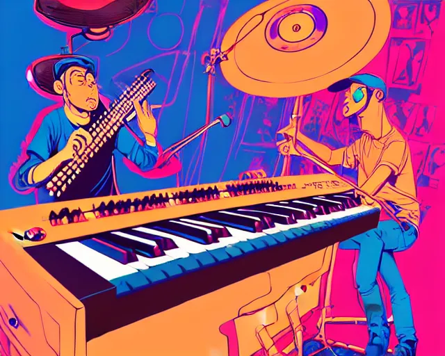 Prompt: a study of cell shaded cartoon of a two man band playing a synthesizer and drums, subtle colors, post grunge, concept art by josan gonzales and wlop, by james jean, Victo ngai, David Rubín, Mike Mignola, Laurie Greasley, highly detailed, sharp focus, Trending on Artstation, HQ, deviantart, art by artgem