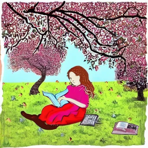 Prompt: paper cut - outs a girl reading a book under an apple tree in summer. folk horror.