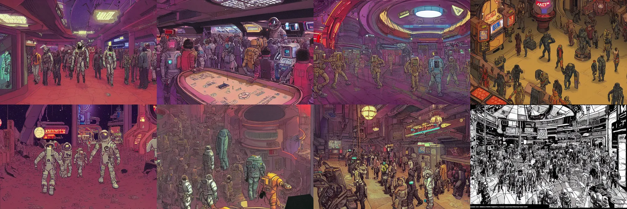 Prompt: an astronaut entering a bustling cyberpunk casino on mars, filled with people, robots, cyborgs, aliens, by moebius