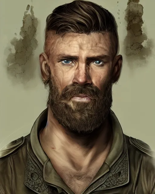 Image similar to portrait of muscular, tired and alcoholic 3 0 - year - old handsome man with short darkblonde hair, serious sad look in his eyes, dirty beard, blue eyes, crying, wearing dirty soldier uniform, on the desert, hyper realistic face, beautiful eyes, character art, art by mark brooks, hyperdetailed, cryengine, trending on artstation, digital art