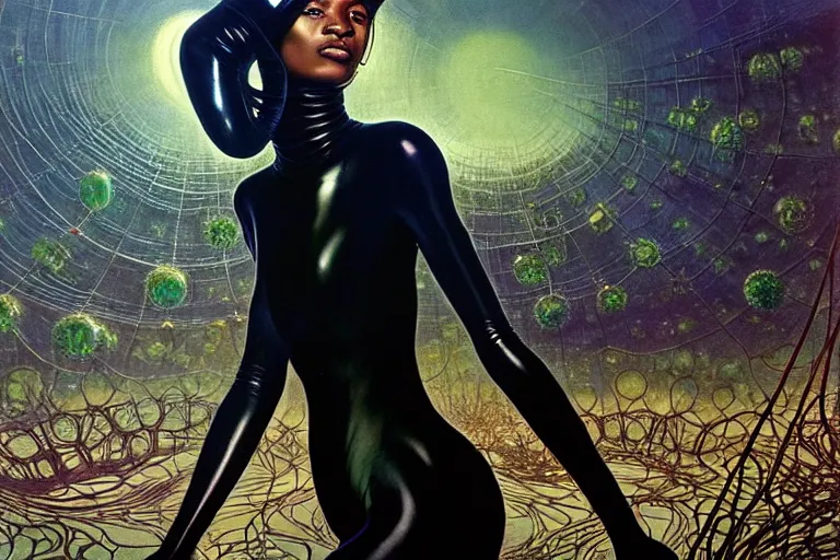 Image similar to realistic detailed portrait movie shot of a beautiful black woman in a transparent sheer suit raincoat dancing with a giant spider, futuristic sci fi landscape background by denis villeneuve, jean delville, monia merlo, ernst haeckel, alphonse mucha, max ernst, caravaggio, roger dean, sci fi necklace, masterpiece, dreamy, rich moody colours