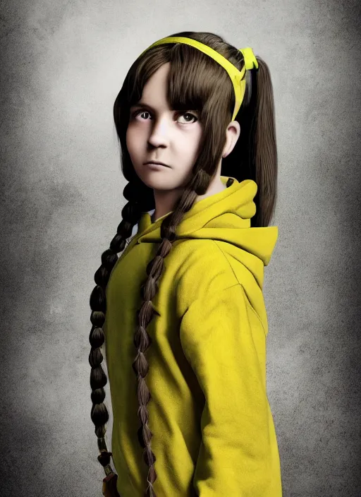 Image similar to An epic fantasy comic book style portrait painting of a young feminine boy, green eyes, fair skin, long brown hair worn in two pigtails, his left pigtail is shorter than the right pigtail, yellow hoodie with a grey undershirt, unreal 5, DAZ, hyperrealistic, octane render, cosplay, RPG portrait, dynamic lighting