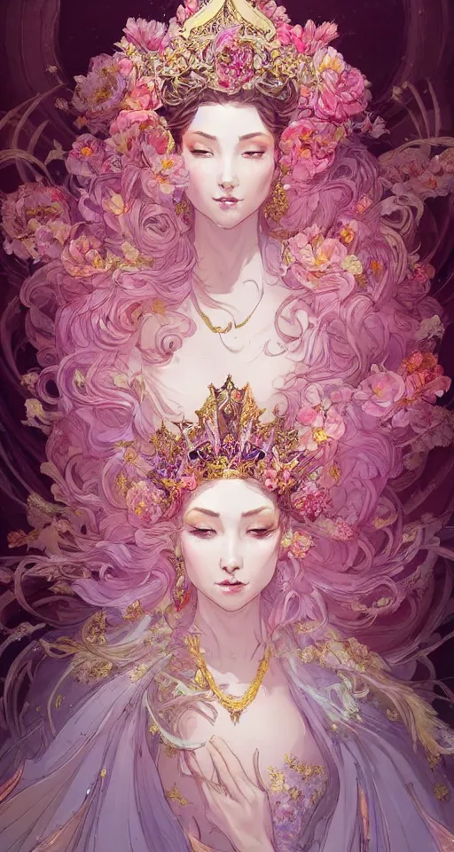 Image similar to A beautiful fantasy empress, highly detailed full body, breathtaking flower tiara, gorgeous aristocrat robe, beautiful figure, epic composition, ultra wide-shot, dynamic pose, concept art, beautifully lit, digital illustration, character design, ((sharp focus)), elegant, intricate, artstation, by WLOP and James Jean and Victo Ngai and Ryohei Hase