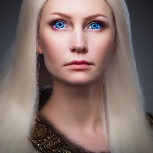 Image similar to head shot photo of a real-life beautiful nordic queen, highly detailed, volumetric lighting