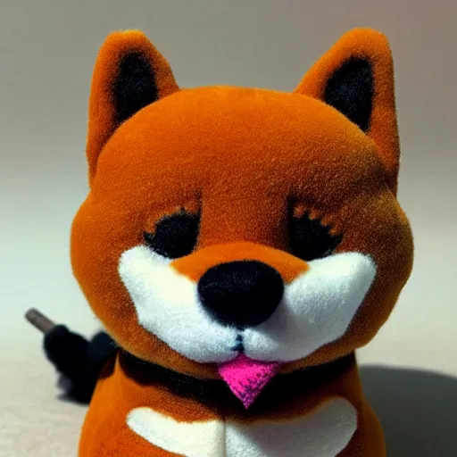 Prompt: a plush of a very evil shiba inu smoking a cigar, fluffy, soft, photo realistic, highly detailed,