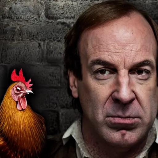 Image similar to saul goodman and a rooster in a medieval torture chamber, saw blades and knives in the background, horror movie, saul goodman!!, rooster!!!!!!, real life photo, detailed face