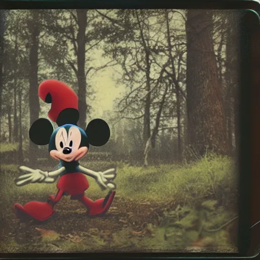 Image similar to Mikey mouse in the woods creepy scary Captured on a Polaroid 4k detail