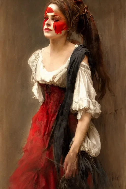 Image similar to Solomon Joseph Solomon and Richard Schmid and Jeremy Lipking victorian genre painting full length portrait painting of a young beautiful woman traditional german french actress model pirate wench in fantasy costume, red background