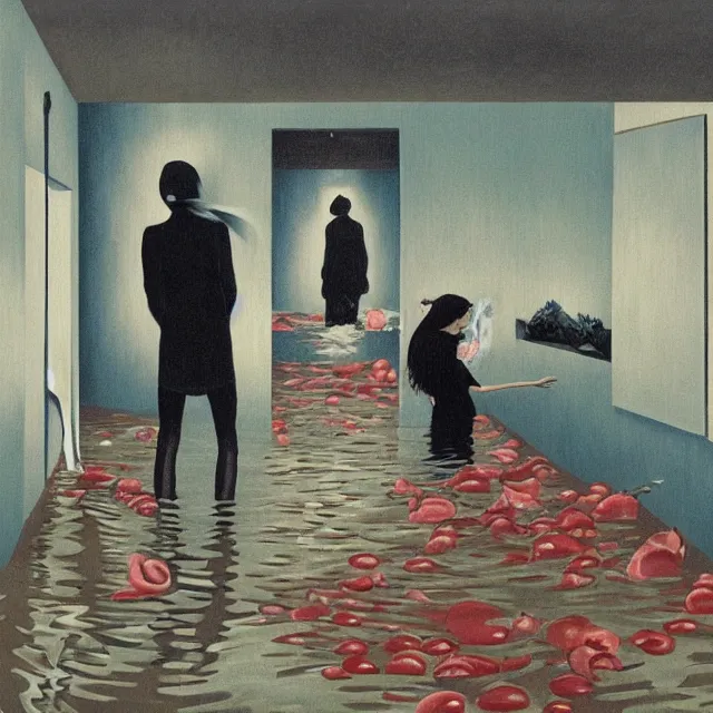 Image similar to tall female emo artist in her flooded kitchen, water gushing from ceiling, painting of flood waters inside an artist's home, a river flooding indoors, pomegranates, pigs, ikebana, zen, water, octopus, river, rapids, waterfall, black swans, canoe, berries, acrylic on canvas, surrealist, by magritte and monet