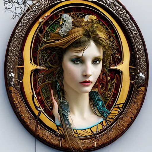 Image similar to portrait of siren queen made with porcelain by Jeff Easley and Peter Elson + beautiful eyes, beautiful face + symmetry face + border and embellishments inspiried by alphonse mucha, fractals in the background, galaxy + baroque, gothic, surreal + highly detailed, intricate complexity, epic composition, magical atmosphere + masterpiece, award winning + trending on artstation