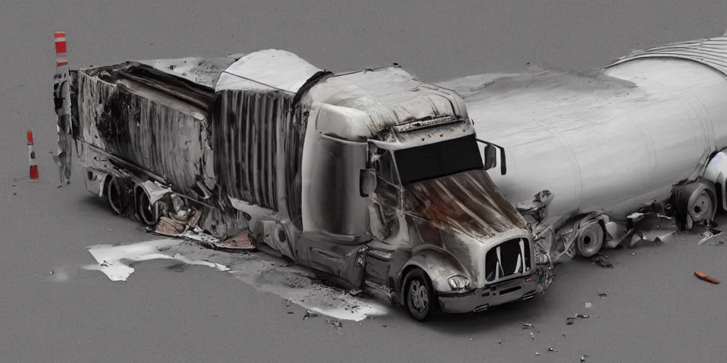 Prompt: photo of a semi - trailer truck damaged from excessive # splafluting, trending on artstation.