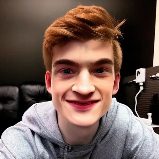 Image similar to “a realistic detailed photo of a guy who is an attractive humanoid who is half robot and half humanoid, who is a male android, twitch streamer Ninja Tyler Blevins, shiny skin, posing like a statue, blank stare, gaming room, close up”