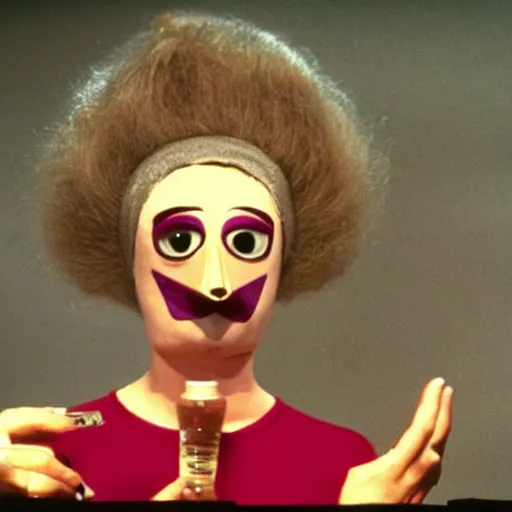 Prompt: 1970 woman on tv show wearing a mask with a long prosthetic nose, prosthetic eyeballs, wearing a leotard on the hillside 1970 color archival footage color film 16mm holding a hand puppet Fellini Almodovar John Waters Russ Meyer Doris Wishman