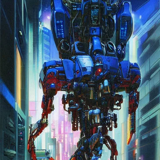 Image similar to arasaka mech, cyberpunk, art by michael whelan, red and blue neon