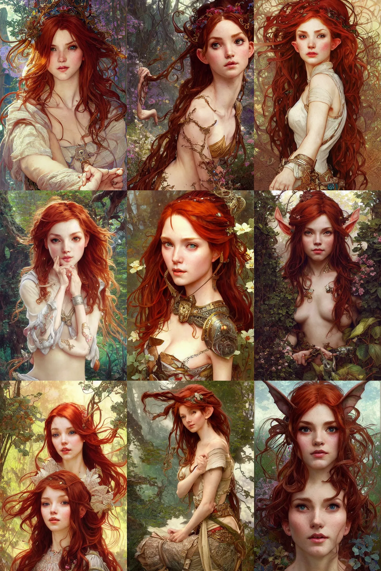 Prompt: instagram selfie portrait of beautiful high-fantasy elf girl (redhead), intricate details, by Stanley Artgerm Lau, by greg rutkowski, by thomas kindkade, by alphonse mucha, loish, by norman rockwell J., rule of thirds, sharp