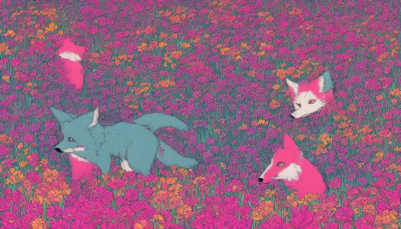 Image similar to pink fox head popping out of a field of multi colored flowers by kilian eng, victo ngai, josan gonzalez