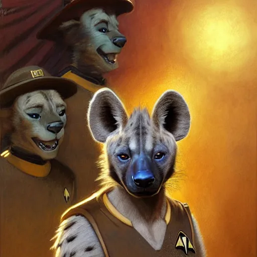 Image similar to a portrait of a hyena hyenaman canine star trek in a starfleet uniform chief engineer. zootopia fursona furaffinity furry art detailed face highly detailed painting by gaston bussiere craig mullins jc leyendecker gustav klimt artgerm greg rutkowski furry