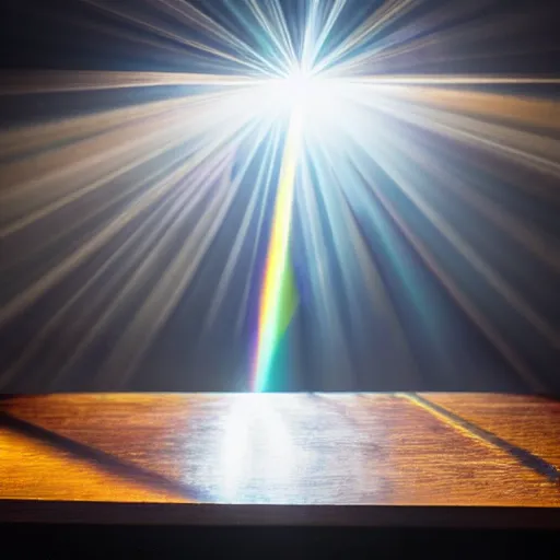 Image similar to photo of a beam of light shining through a prism sitting on a table, shining through the other side, with ray showing on the table, intricate details, extremely high quality, moody lighting, real camera, real caustics, real photo, 8 k, full subject in shot