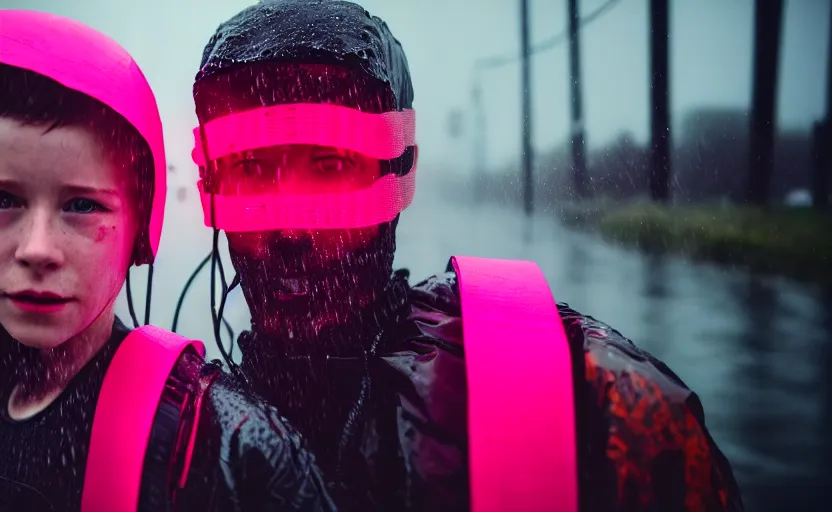 Image similar to cinestill 5 0 d candid photographic portrait by helen levitt of two cyborgs wearing rugged neon pink mesh techwear in treacherous waters, extreme closeup, modern cyberpunk moody depressing cinematic, pouring rain, 8 k, hd, high resolution, 3 5 mm, f / 3 2, ultra realistic faces, ex machina