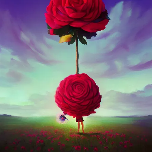 Image similar to closeup, giant rose flower head, frontal, girl in a suit, surreal photography, sunrise, blue sky, dramatic light, impressionist painting, digital painting, artstation, simon stalenhag