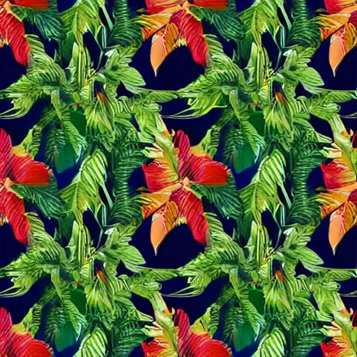 Prompt: exquisite fresh tropical rainforest print with beautiful and high resolution elements developed into seamless patterns