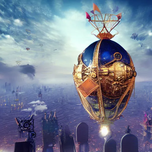 Prompt: enormous flying city in a faberge egg, sky, steampunk, fantasy art, unreal engine,