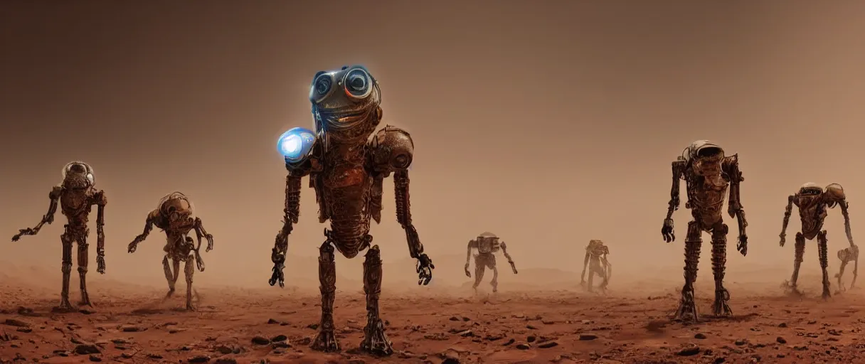 Image similar to bipedal sentient robots walking the surface of mars during a dust storm, vivid, sci fi, intricate, detailed, glossy, metallic, rusted parts, glowing eye, ultra detail