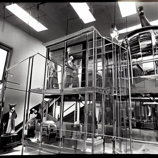 Prompt: the Wonkavator glass elevator shooting out of factory ceiling. Cinematic, volumetric lighting, stainless steel room, large ceiling fan, glass bottles. Scene from 1971 film Willy Wonka & the Chocolate Factory