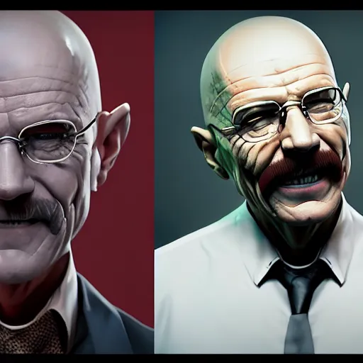 Image similar to walter white as the joker smiling, scary, trending on artstation, artstationhd, octane render, cgsociety, cinema 4 d,, greg rutkowski