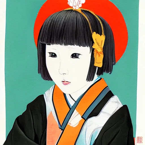 Image similar to a painting of Japanese schoolgirl, clothed, aesthetic