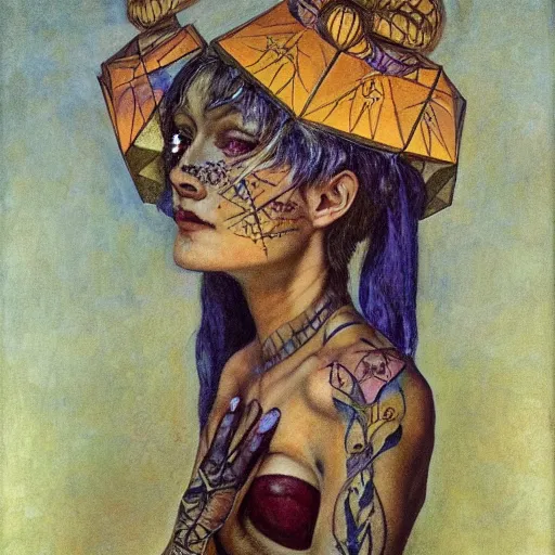 Prompt: the moth queen with her lantern, by Annie Swynnerton and Nicholas Roerich, bioluminescent skin, tattoos, elaborate costume, geometric ornament, symbolist, smooth, sharp focus, extremely detailed